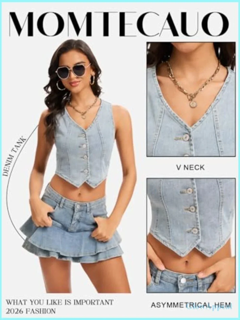 Cropped Denim Vest Sleeveless V-Neck Button Down Fitted Summer Western